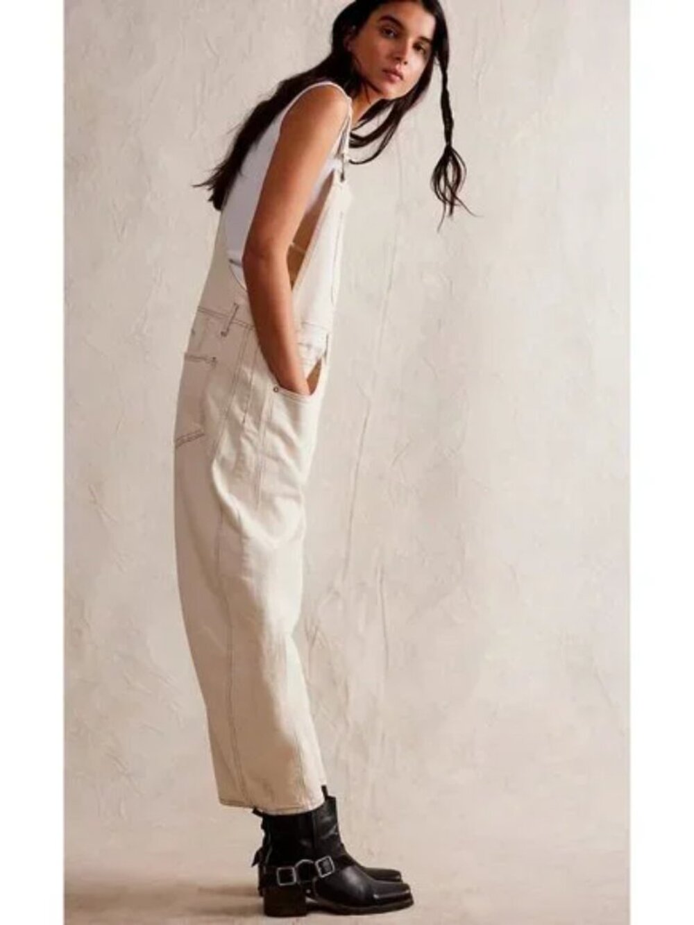Free People Good Luck Barrel Overalls in Sand Castle XL
